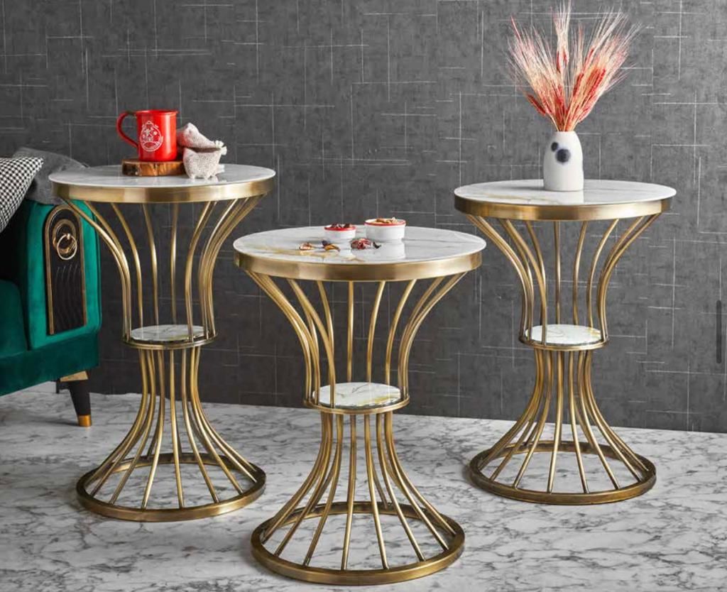 Stil Metal 3'lü Zigon Sehpa Gold Eskitme Kaplamalı - Gold Mermer Temperli Cam