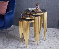 Yuvarlak Borulu İç İçe Girebilen Metal 3'lü Zigon Sehpa Gold(Altın) Kaplamalı - Siyah Temperli Cam