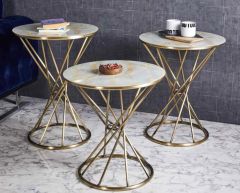 Rivolli Metal 3'lü Zigon Sehpa Gold Eskitme Kaplamalı - Gold Mermer Temperli Cam