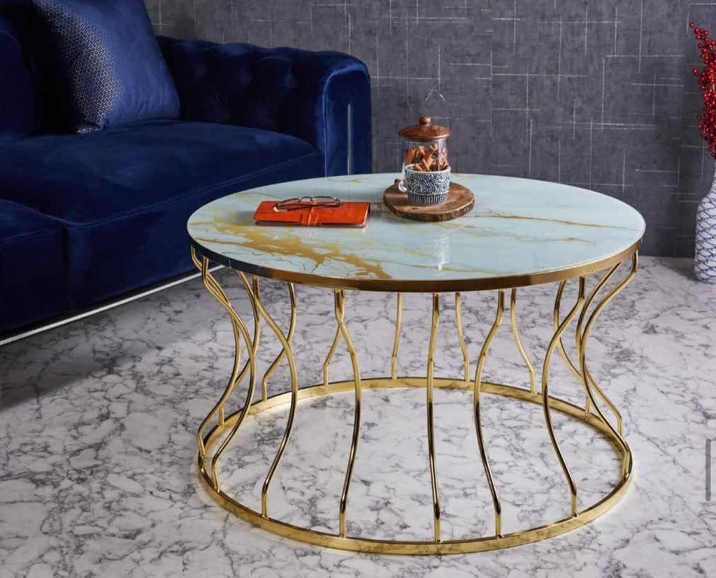 Lotus Metal Kaplamalı Orta Sehpa Yuvarlak Gold(Altın)-Gold Mermer Temperli Cam