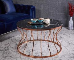 Lotus Metal Kaplamalı Orta Sehpa Yuvarlak Bakır-Siyah Mermer Temperli Cam