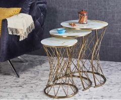 Metal Tel Örgü  İç İçe Geçebilen 3lü Zigon Sehpa Gold Eskitme