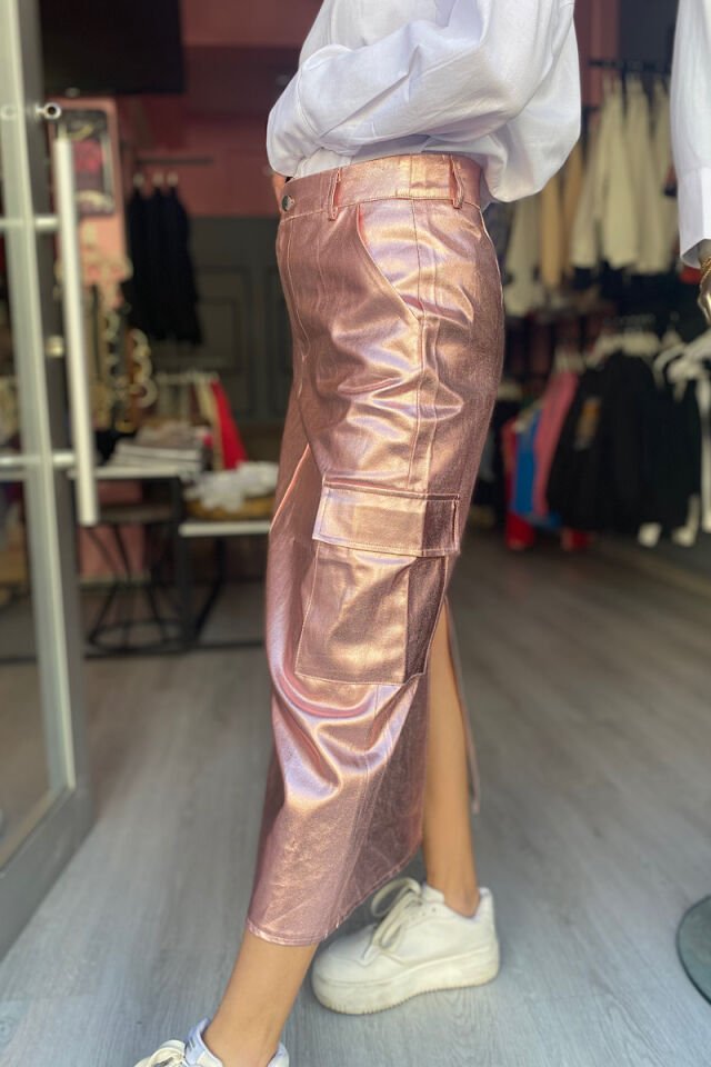 Metalik Kargo Etek -Pembe