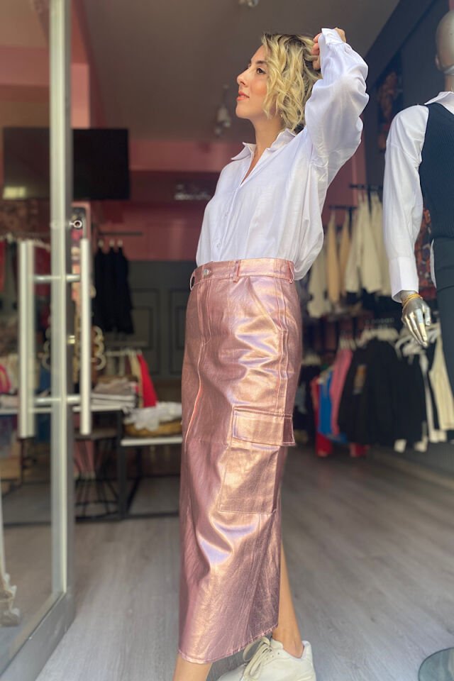 Metalik Kargo Etek -Pembe
