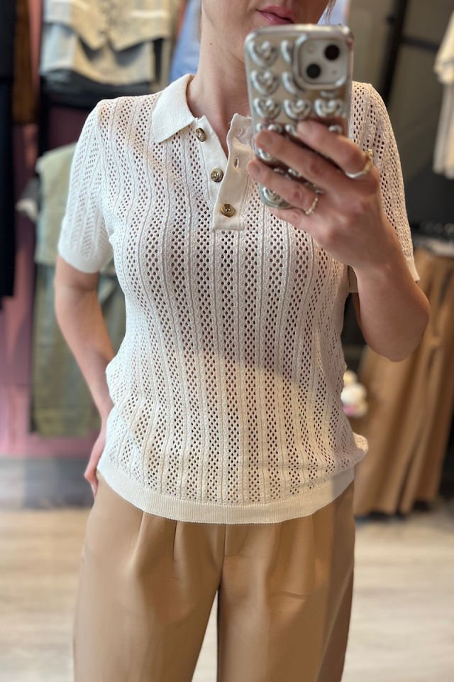 Polo Yaka Ajurlu Triko-Krem
