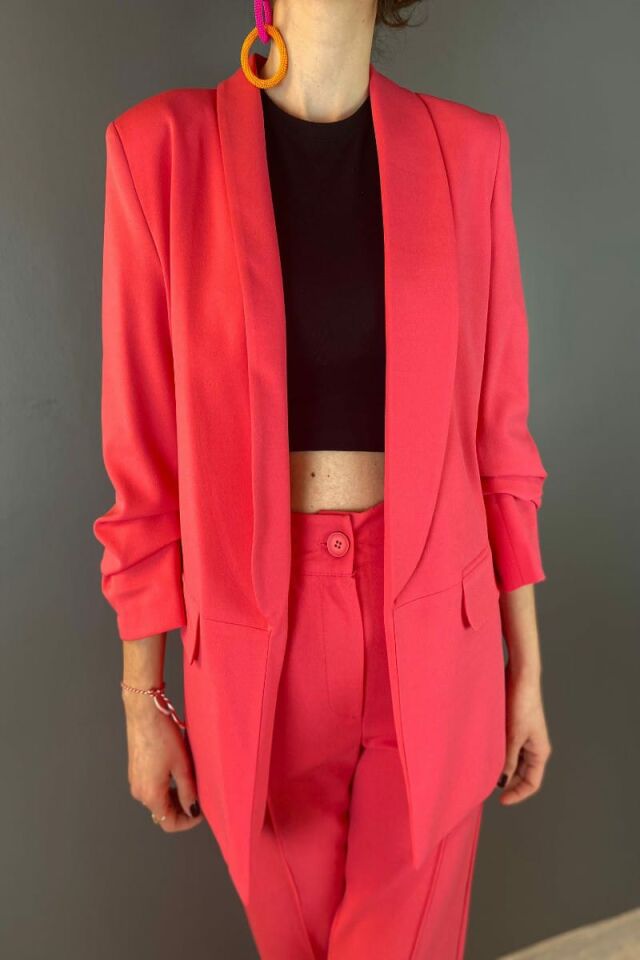 Kolları Büzgülü Ceket-Pembe