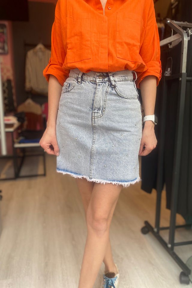 Taşlı Mini Kot Etek