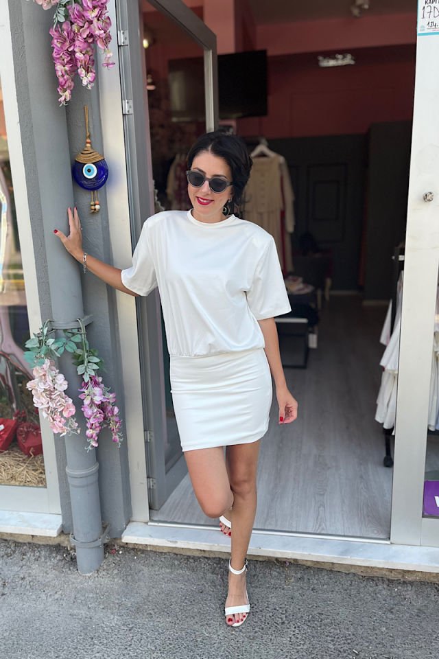 Vatkalı Mini Elbise-Ekru