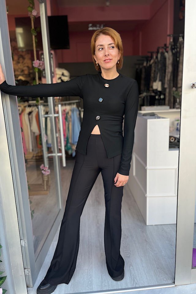 Beli Lastikli Bol Paça Pantolon -Siyah