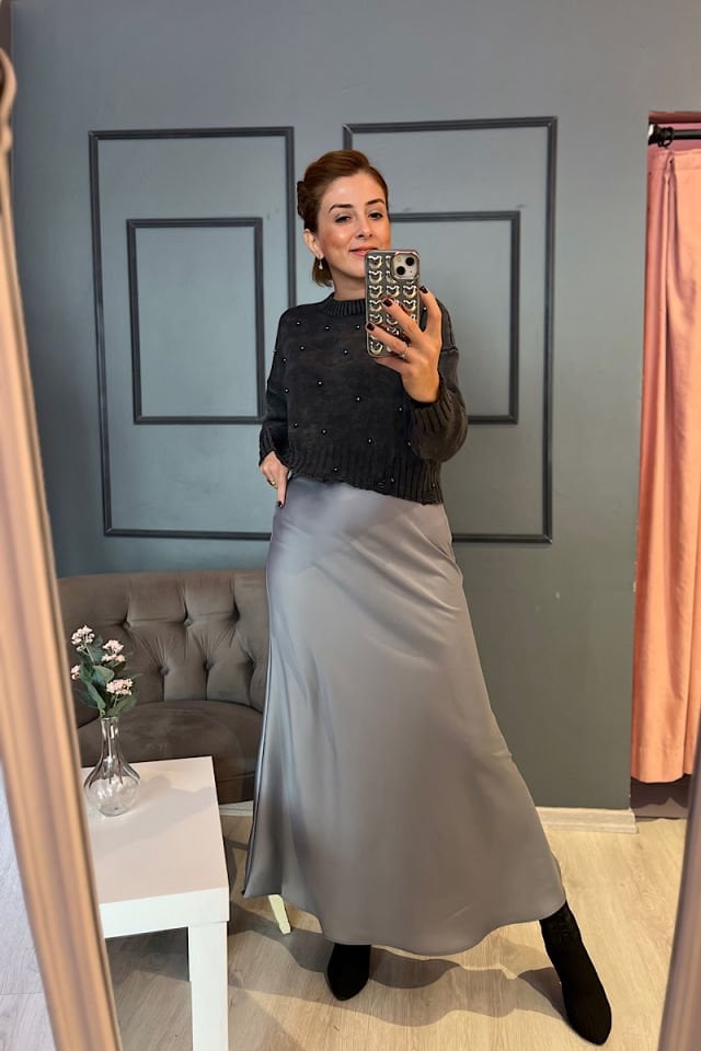 Saten Çan Etek-Gri