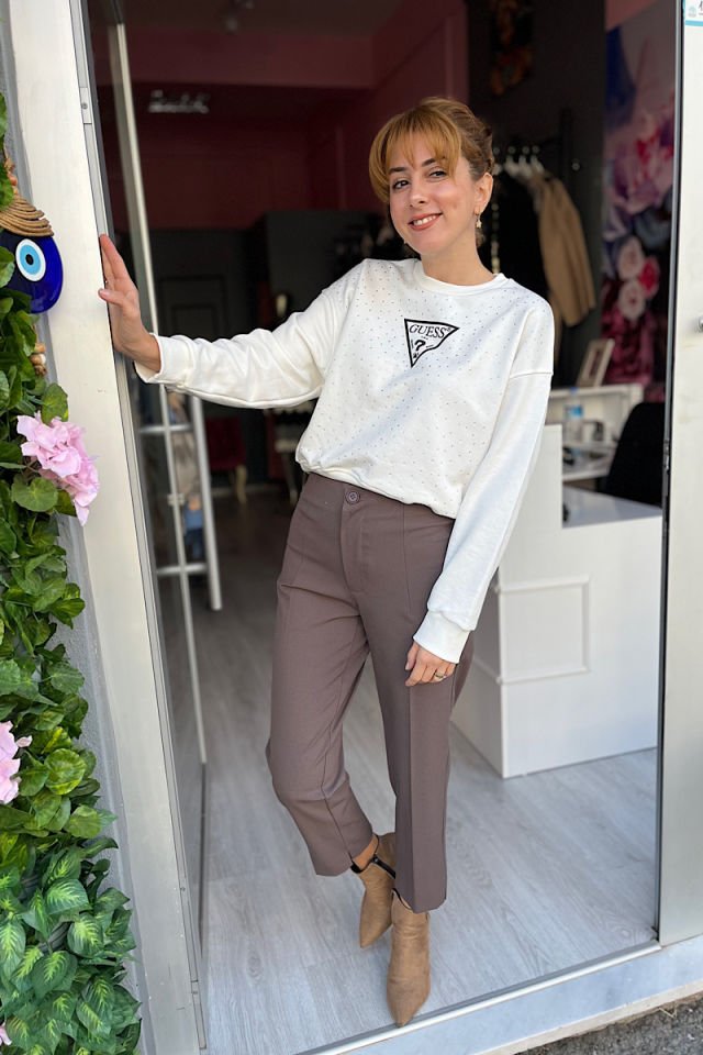 Paça Yırtmaçlı Pantolon-Kahve