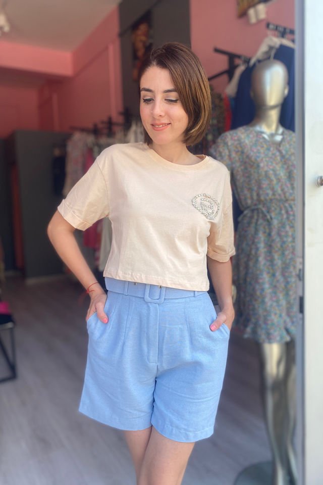 Taşlı Kısa Tişört-Bej