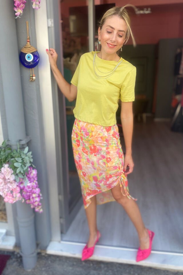 Yanı Büzgülü Şifon Etek