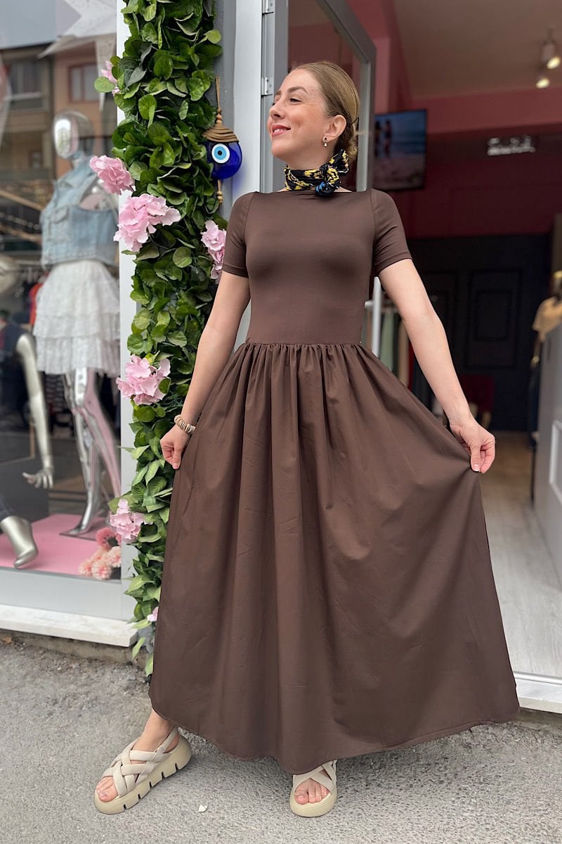 Kısa Kollu Poplin Garnili Elbise-Acı Kahve
