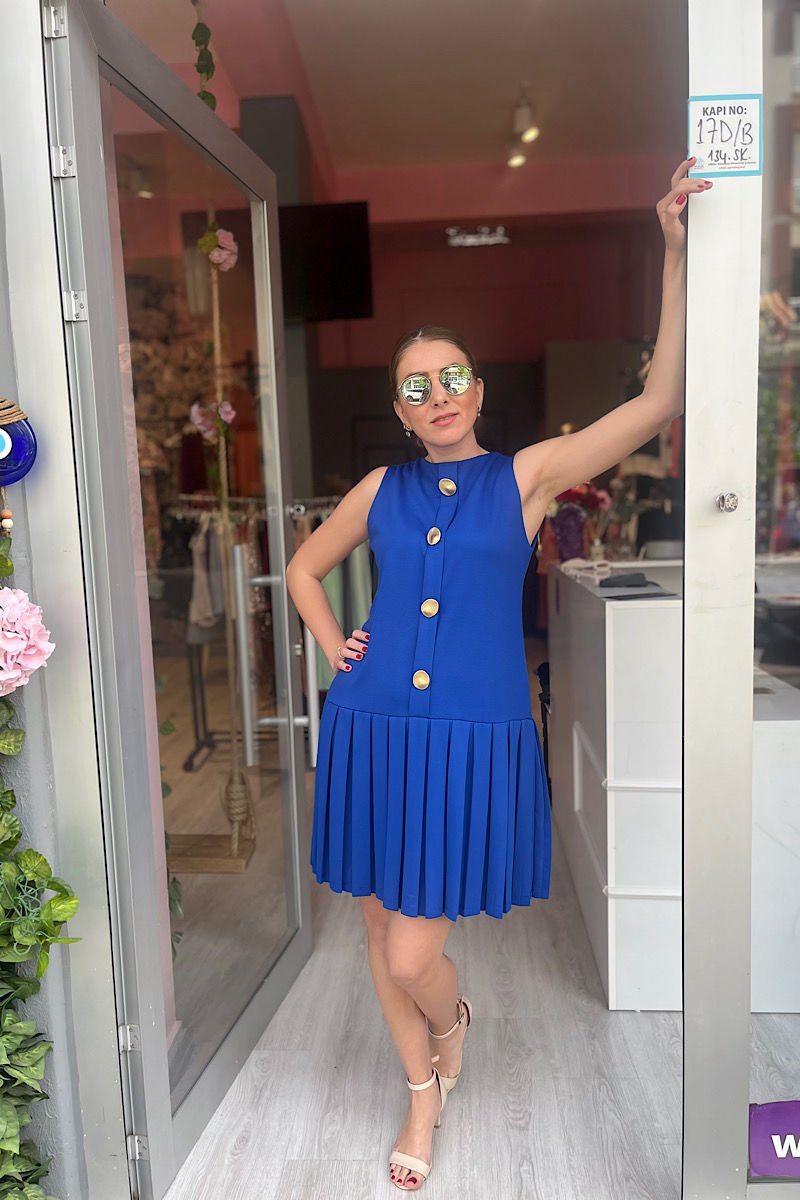 Pilili Gold Düğmeli Kolsuz Elbise-Saks