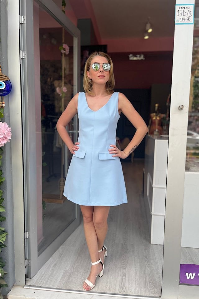 V Yaka Çan Elbise -Bebe Mavi