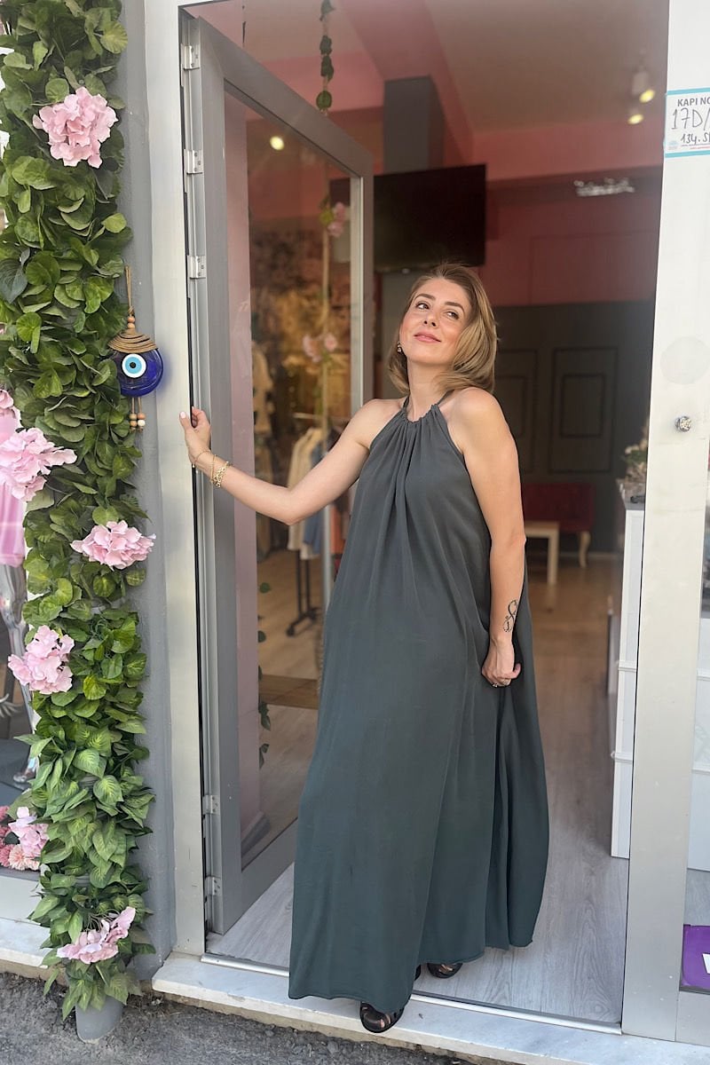 Tensel Kumaş Maksi Elbise-Haki