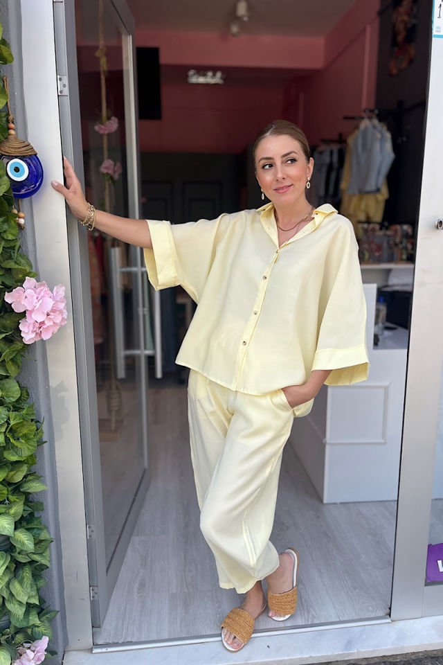Tensel Kumaş Gömlek-Pantolon Takım -Sarı