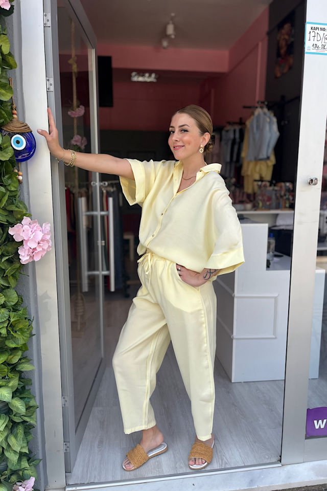 Tensel Kumaş Gömlek-Pantolon Takım -Sarı