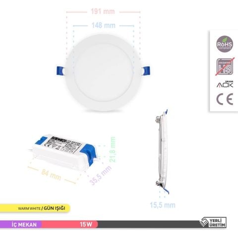 Ack 15w Günışığı 3000k Slim Led Panel Yuvarlak Alüminyum AP01-01500