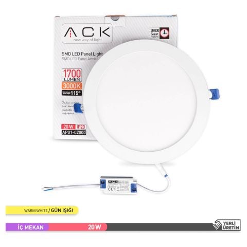 Ack 20w Günışığı 3000k Slim Led Panel Yuvarlak Alüminyum AP01-02000