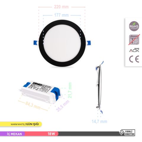 Ack 18w Günışığı 3000k Siyah Kasa Slim Led Panel Yuvarlak AP01-01801