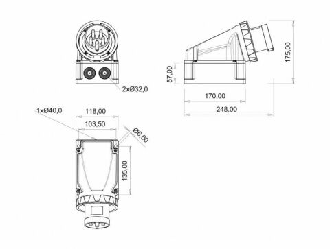 Bemis 5X63A 90 Derece Eğik Duvar Erkek Fiş IP 67 380 Volt BC1-4505-7236