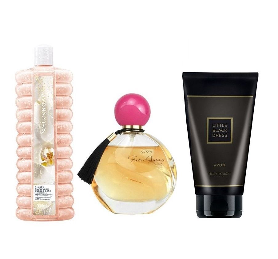 Avon Far Away 50 ml parfüm+Simply Luxurious banyo köpüğü 1000 ml+Little black dress vücut losyonu 150 ml