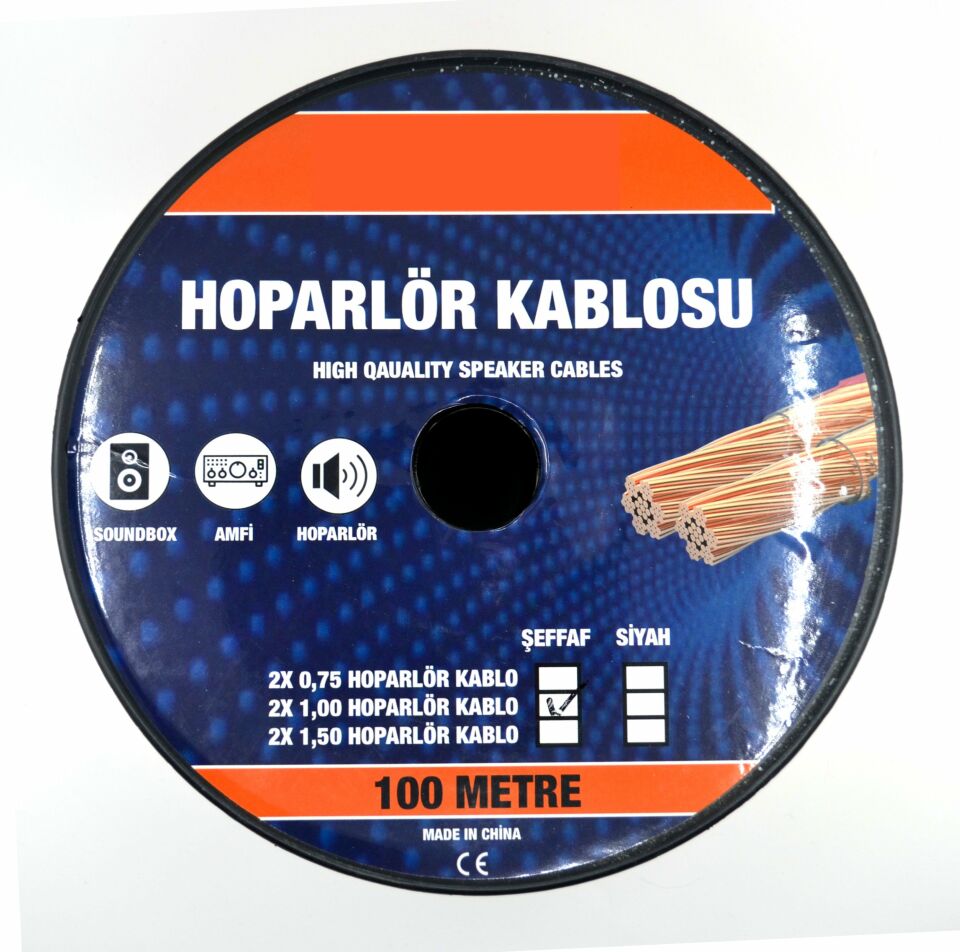 100 Metre 2X1,00mm² CCA Bitişik Hoparlör Kablosu Şeffaf