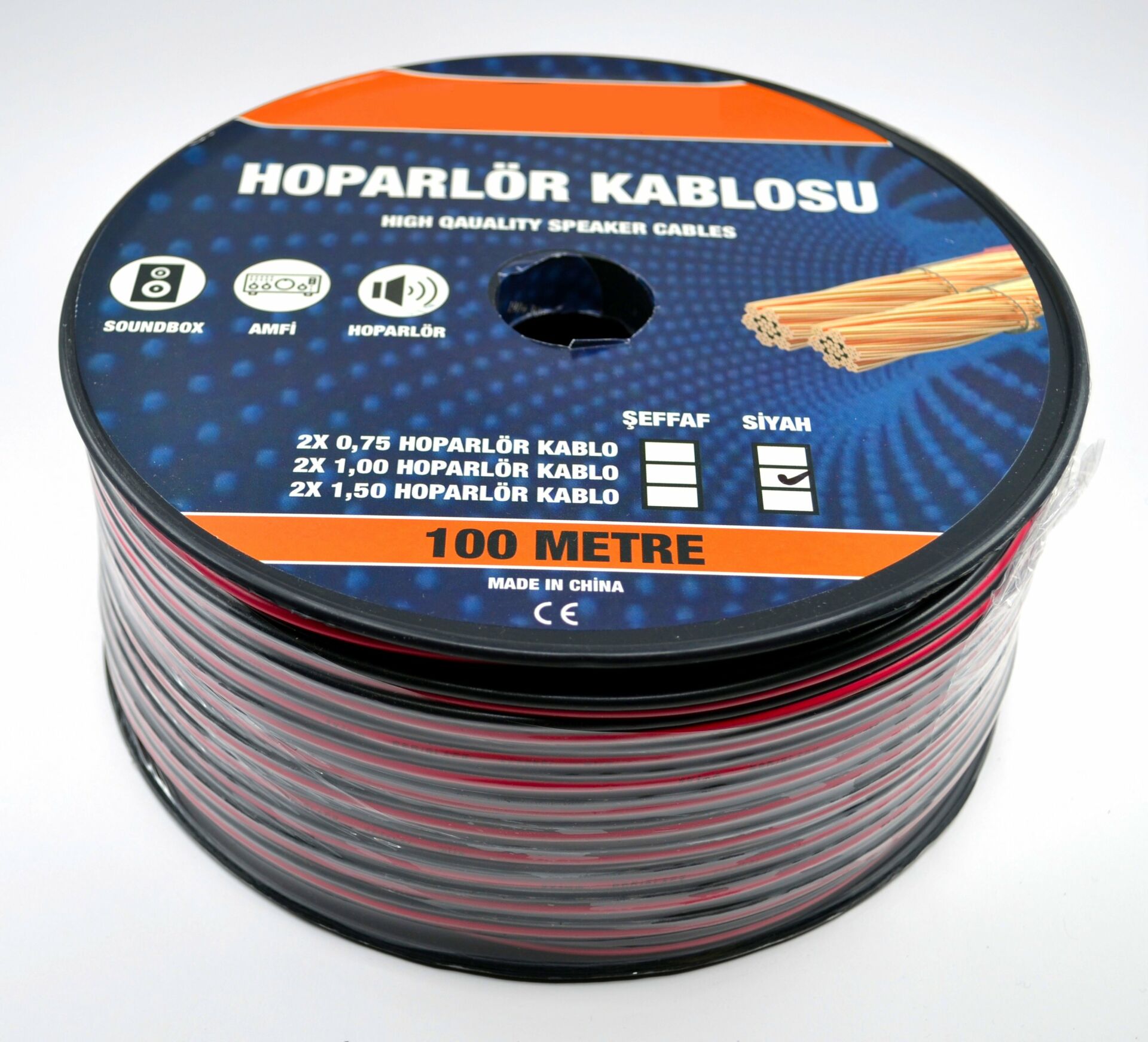 100 Metre 2X1,00mm² CCA Bitişik Hoparlör Kablosu Kırmızı Siyah