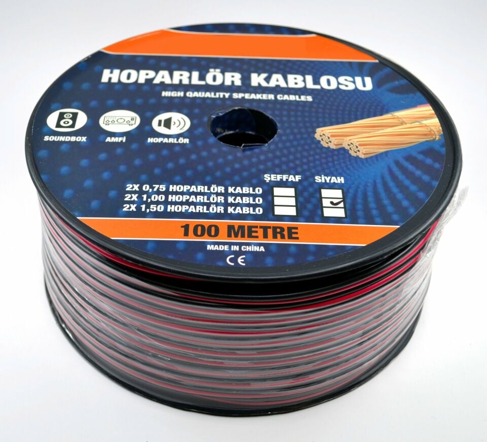 100 Metre 2X1,00mm² CCA Bitişik Hoparlör Kablosu Kırmızı Siyah