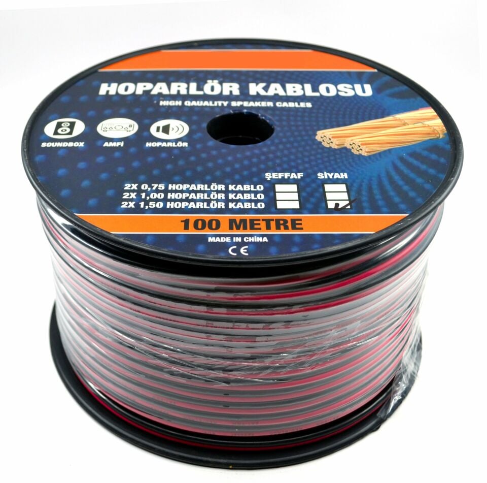 100 Metre 2X1,50mm² CCA Bitişik Hoparlör Kablosu Kırmızı Siyah