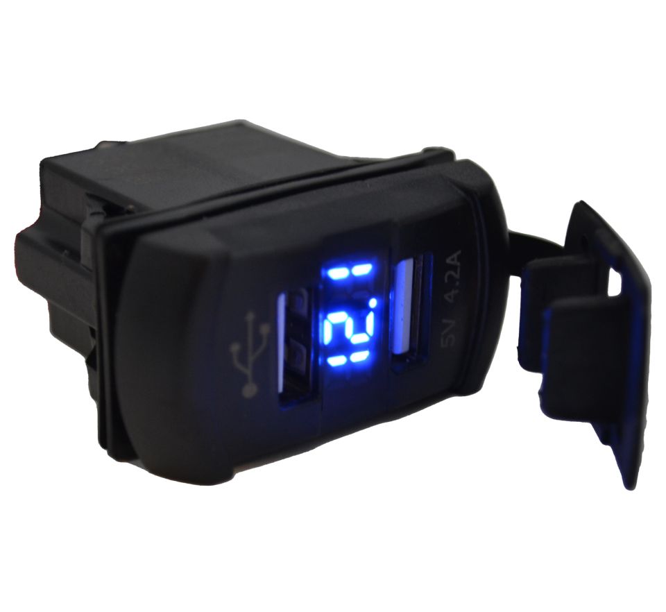 12V 24V DC USB 4.2A Şarj Port Voltmetreli Dikdörtgen Mavi Rakam MT-UM01