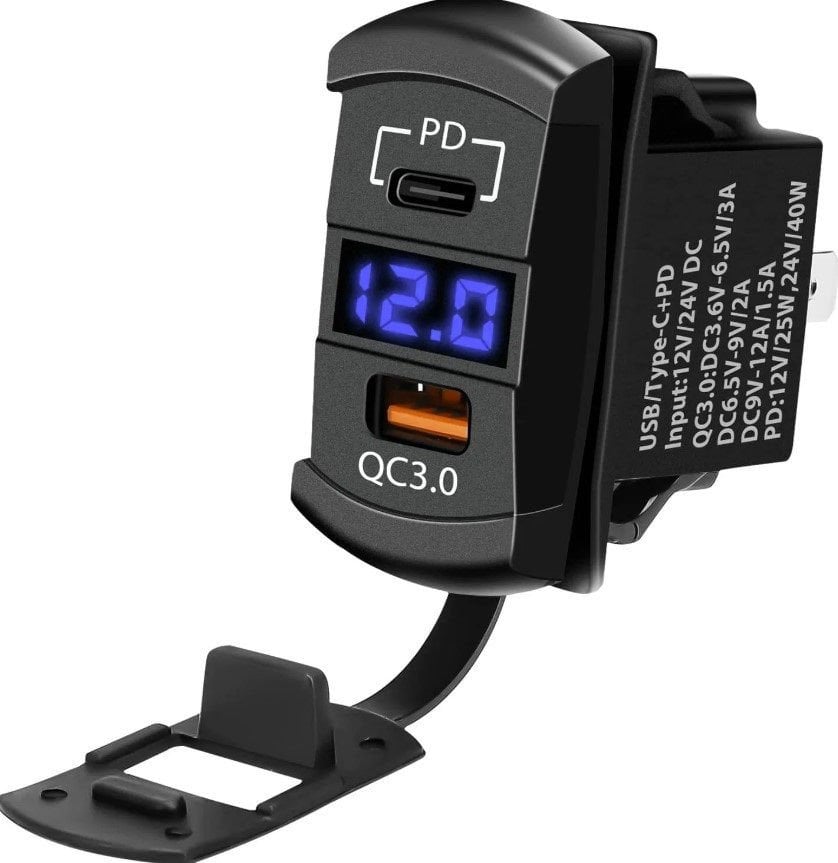 12V 24V DC USB QC3.0 Type-C PD Şarj Port Voltmetreli Dikdörtgen MT-UM02