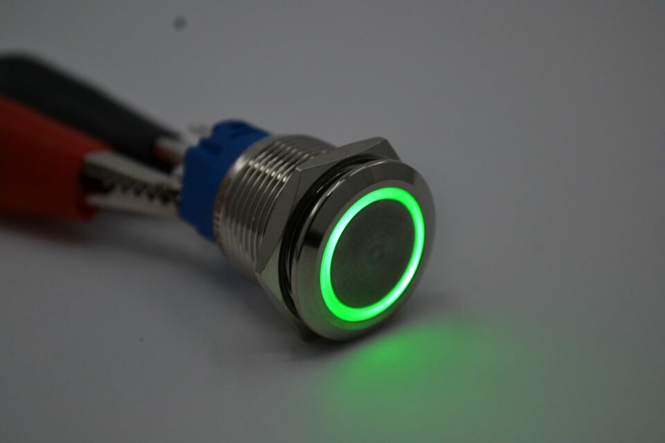19mm Yaylı Metal Buton Yeşil Işıklı 1NO/1NC Anahtar 12V 24V MT-ANY24