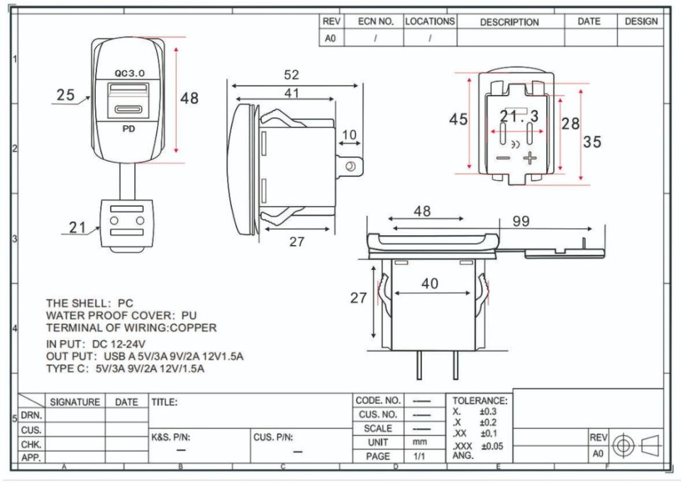12V 24V DC USB QC3.0 Type-C PD Şarj Port Dikdörtgen Mavi Işık MT-SK52