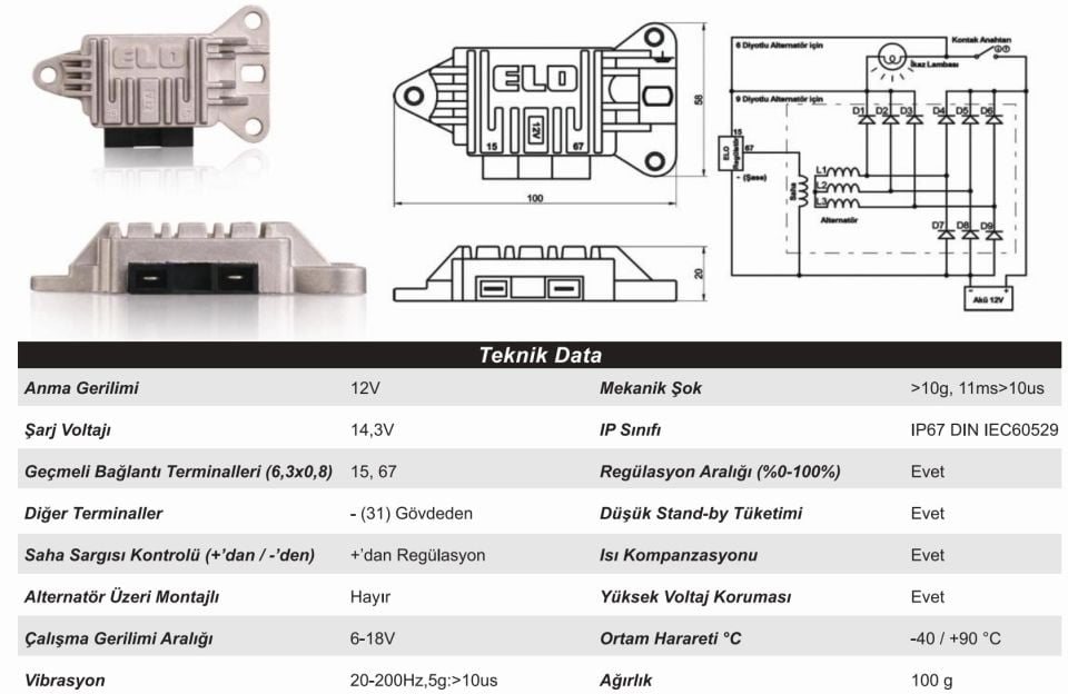 12V Universal Alternatör Regülatörü Konjektör