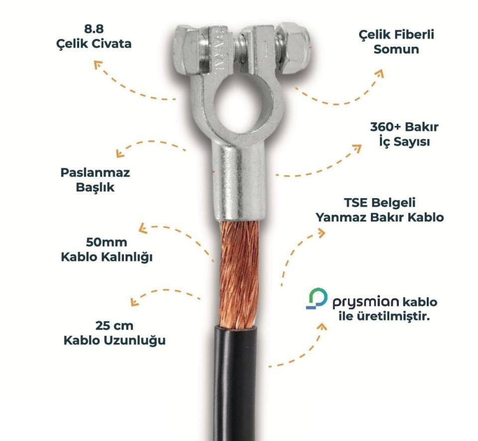 50mm 25cm Kablolu Akü Kutup Başı Seri Bağlantı Terminali