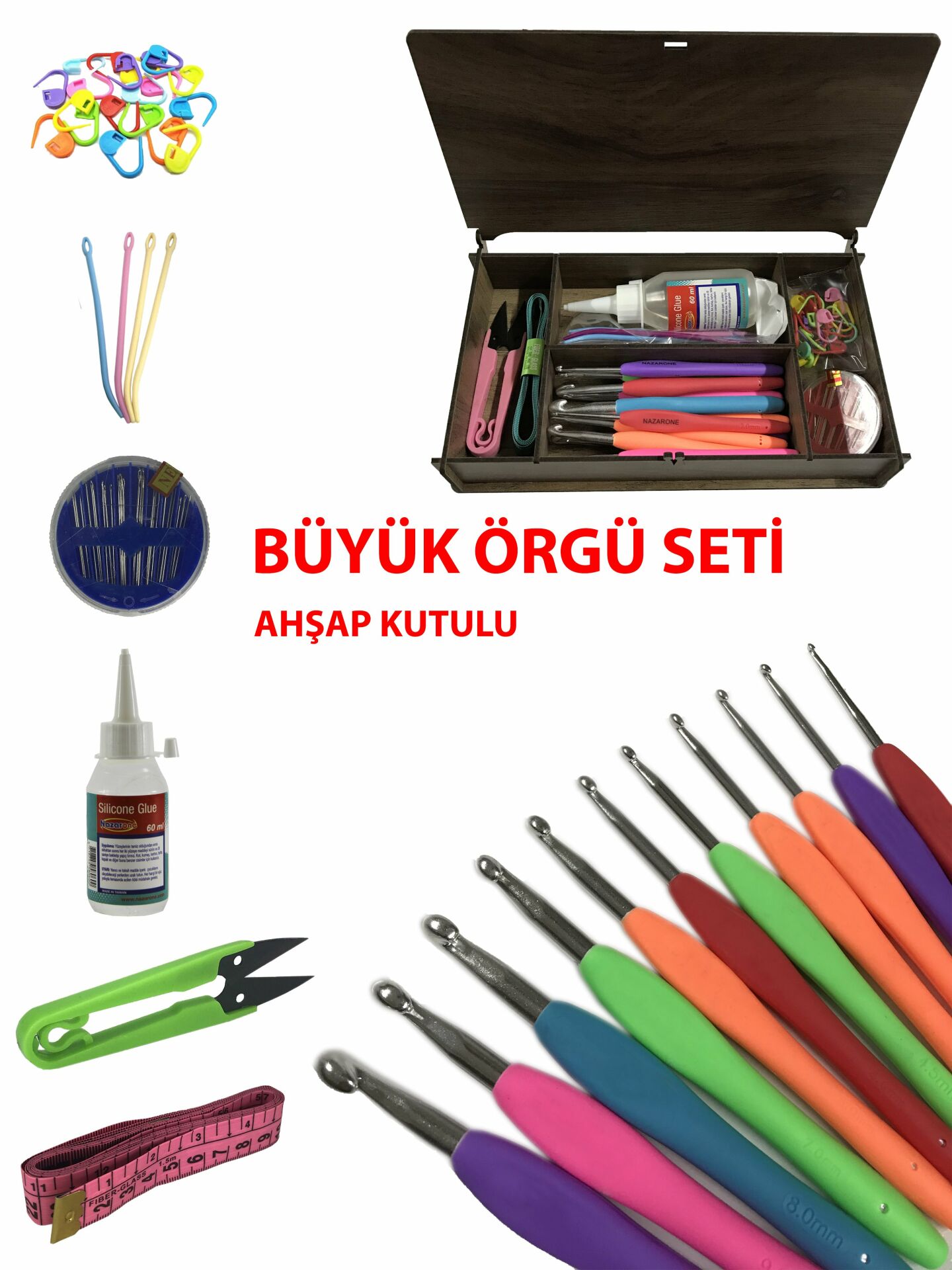 12 Adet Silikon Saplı Tığ ve Örgü Seti Ahşap Kutulu