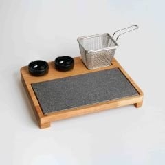 Ahşap Doğal Gürgen Ağacı Steak & Hamburger Sunum Seti – Bazalt Taşlı,  2'li Sosluklu, Metal Patates Kabı