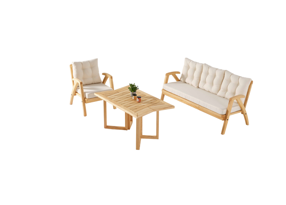 THALİA 3\'lü Doğal Bahçe Mobilyası-Beyaz Minder 3+1+1+MASA Oturma Grubu Bench ve Berjer