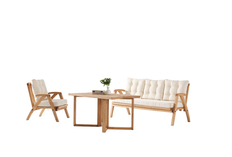 THALİA 3\'lü Kahve Bahçe Mobilyası-Beyaz Minder 3+1+1+MASA Oturma Grubu Bench ve Berjer