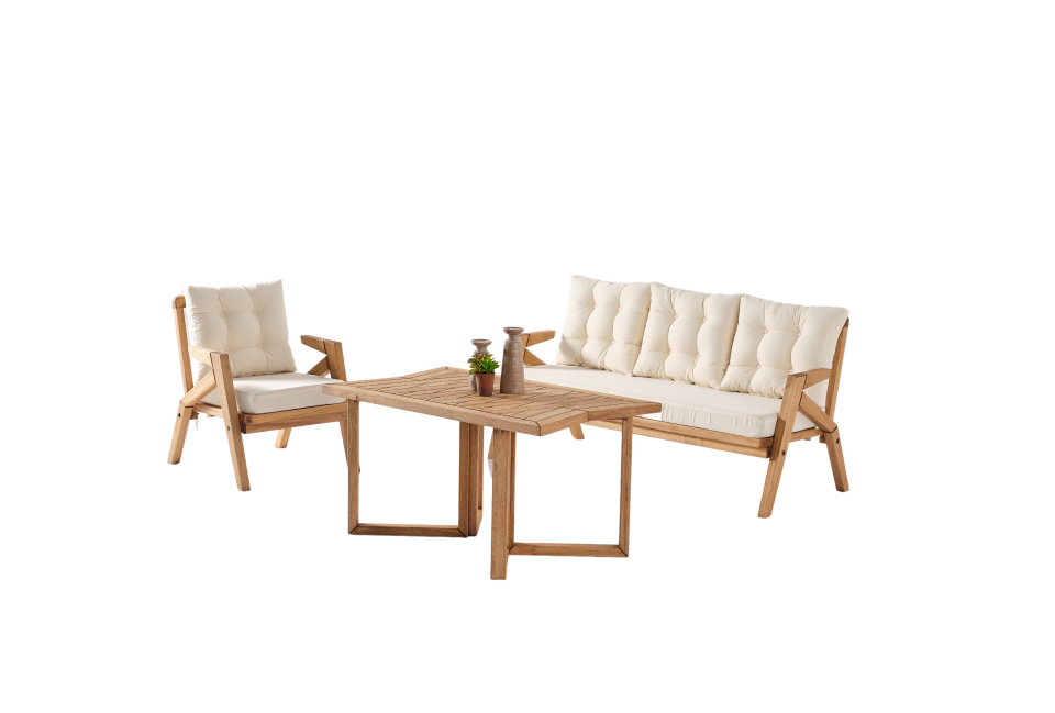 LİORA 3\'lü Kahve Bahçe Mobilyası-Beyaz Minder 3+1+1+MASA Oturma Grubu Bench ve Berjer