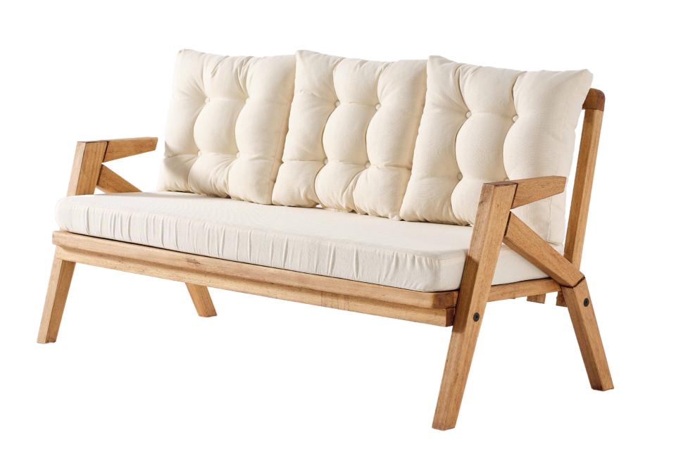 LİORA 3\'lü Kahve Bahçe Mobilyası-Beyaz Minder 3+1+1+MASA Oturma Grubu Bench ve Berjer