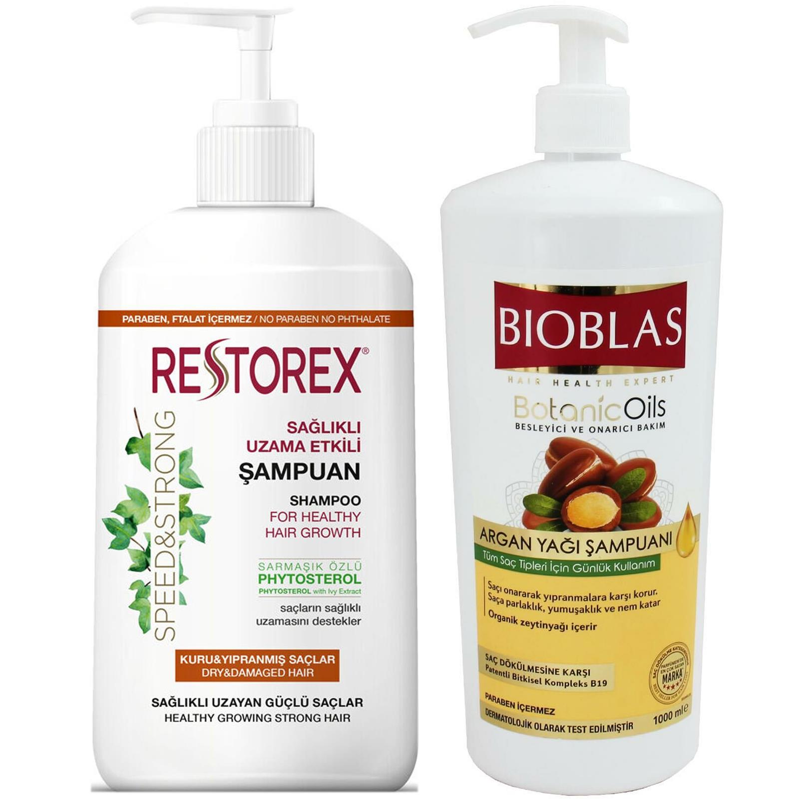 Bioblas Argan Yağı Şampuanı 1000 ml + Restorex Kuru Yıpranmış Saçlar İçin Onarıcı Şampuan 1000 ml
