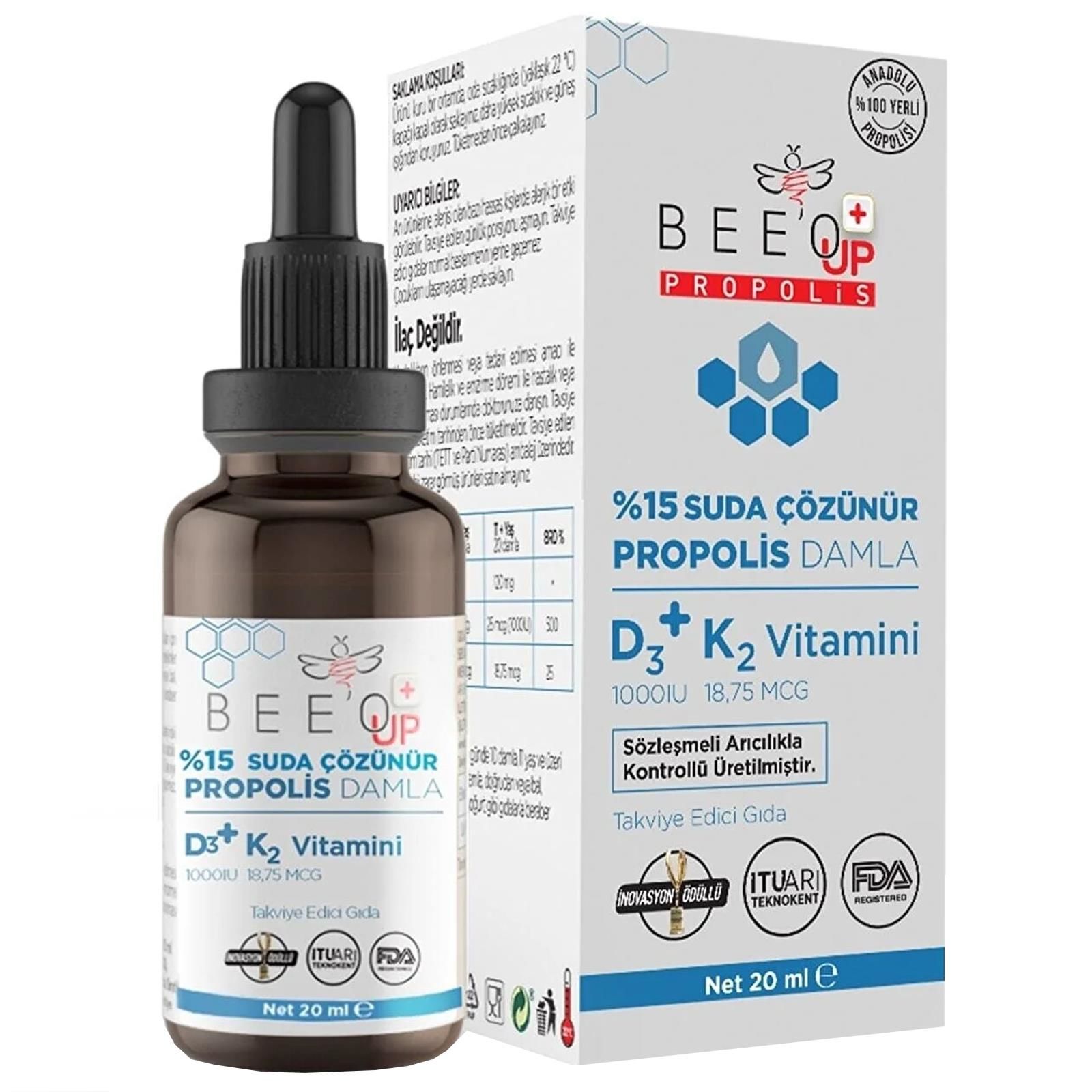 Beeo Up %15 Suda Çözünür Propolis Damla + D3 K2 Vitamini 20 ml