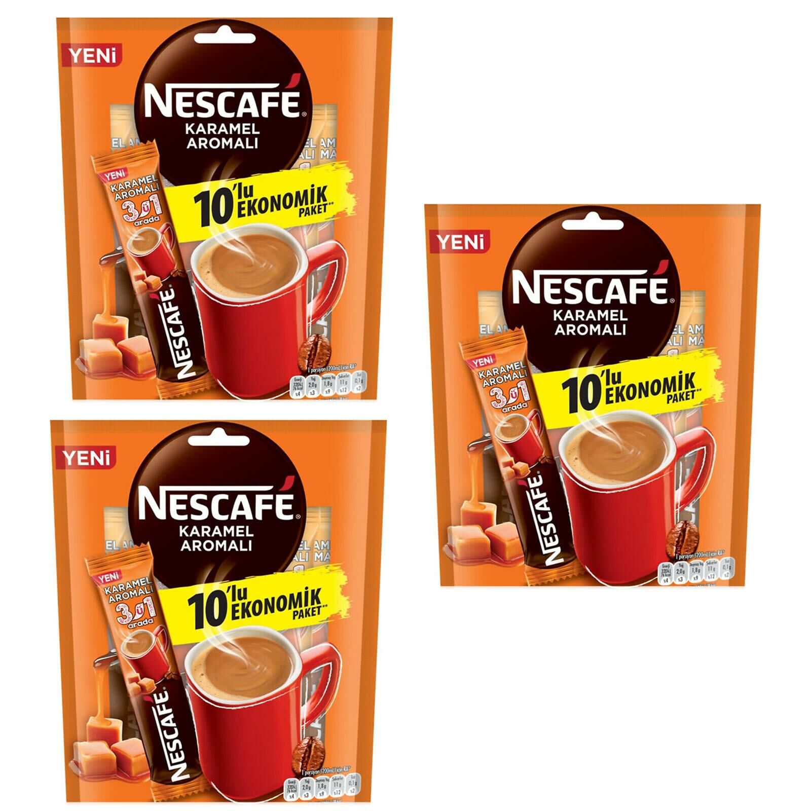Nescafe Karamel Aromalı 3 ü 1 Arada Hazır Kahve 10 lu Ekonomik Paket 3 ADET