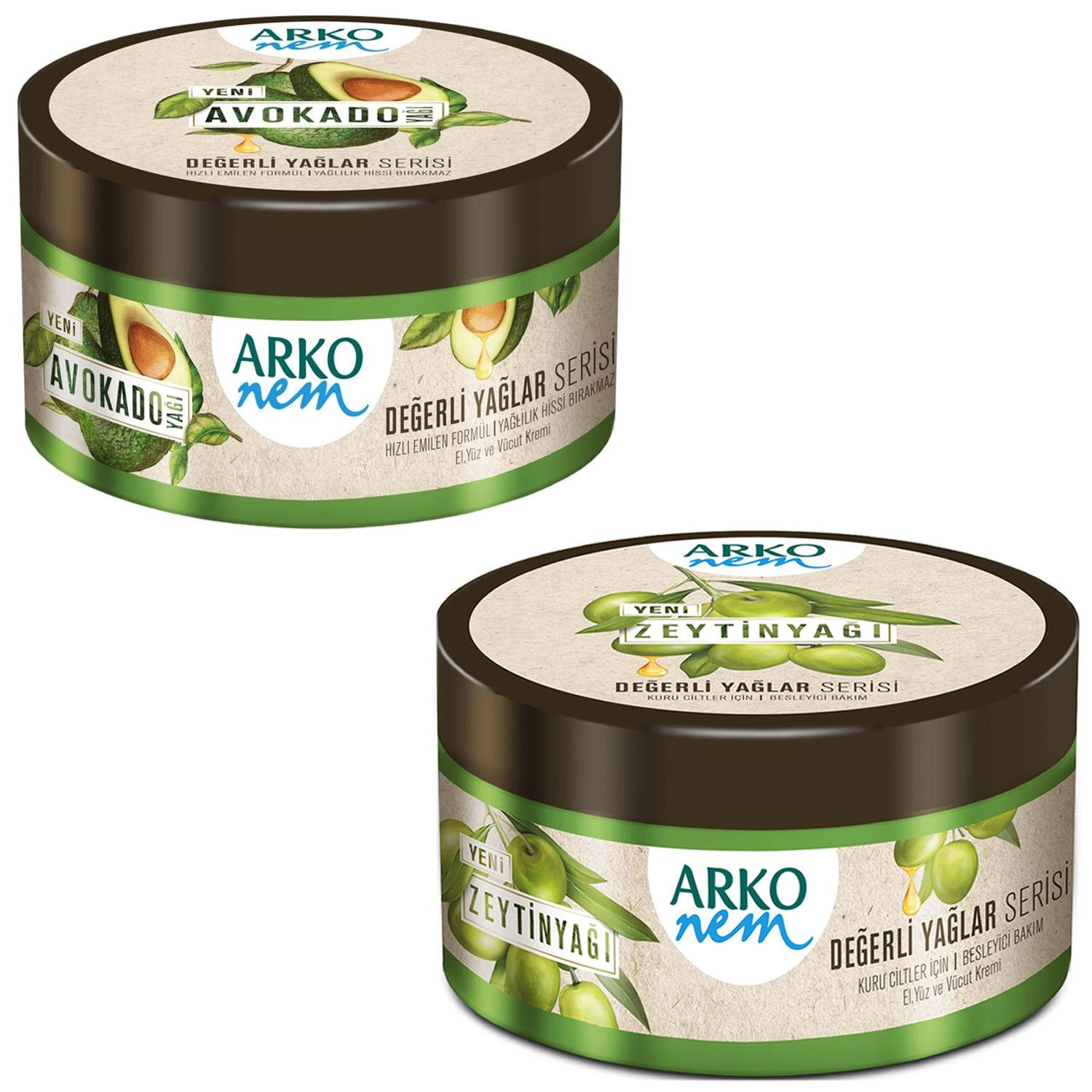 Arko Nem Değerli Yağlar Zeytinyağlı 250 ml + Avokado Yağı Nemlendirici Krem 250 ml