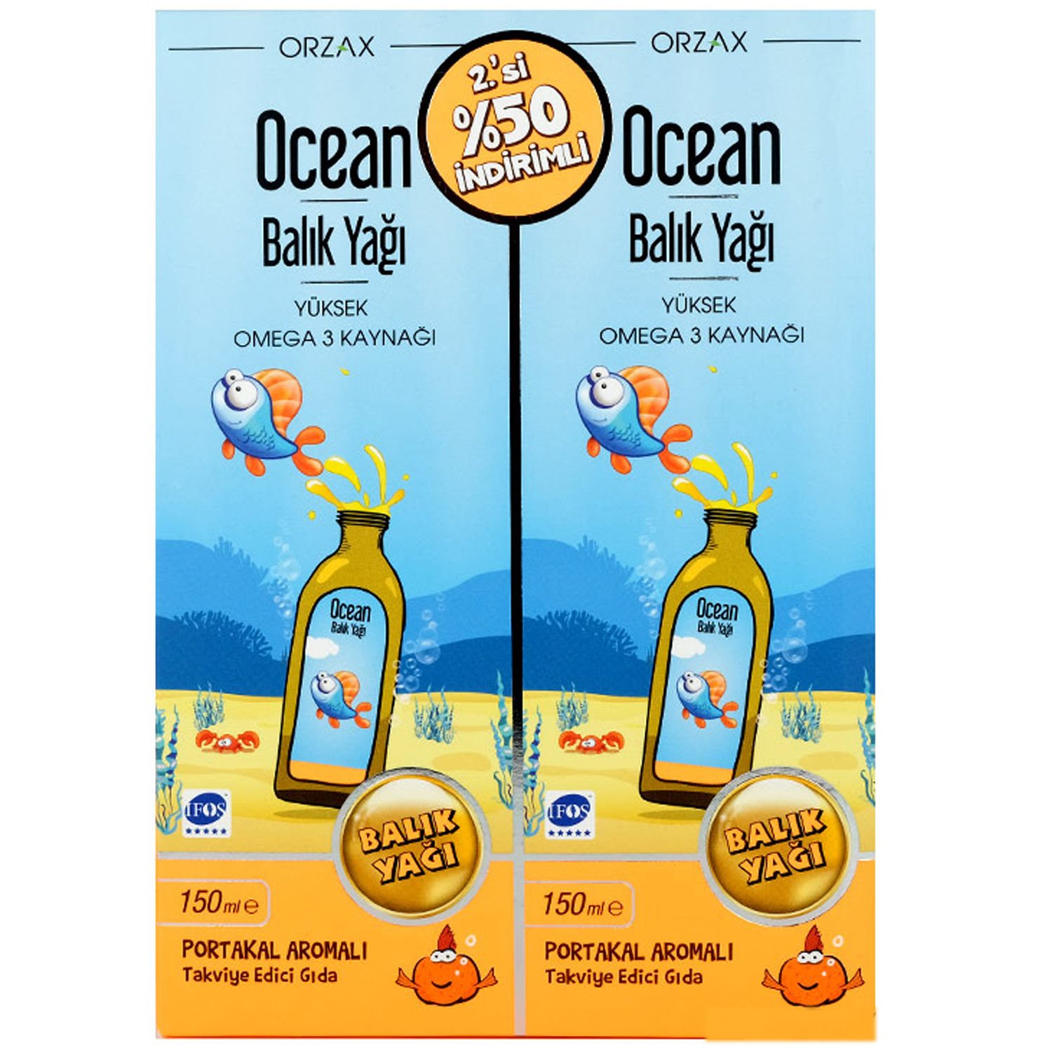 Ocean Balık Yağı Şurubu Portakal Aromalı 150 ml +150 ml 2 li Paket