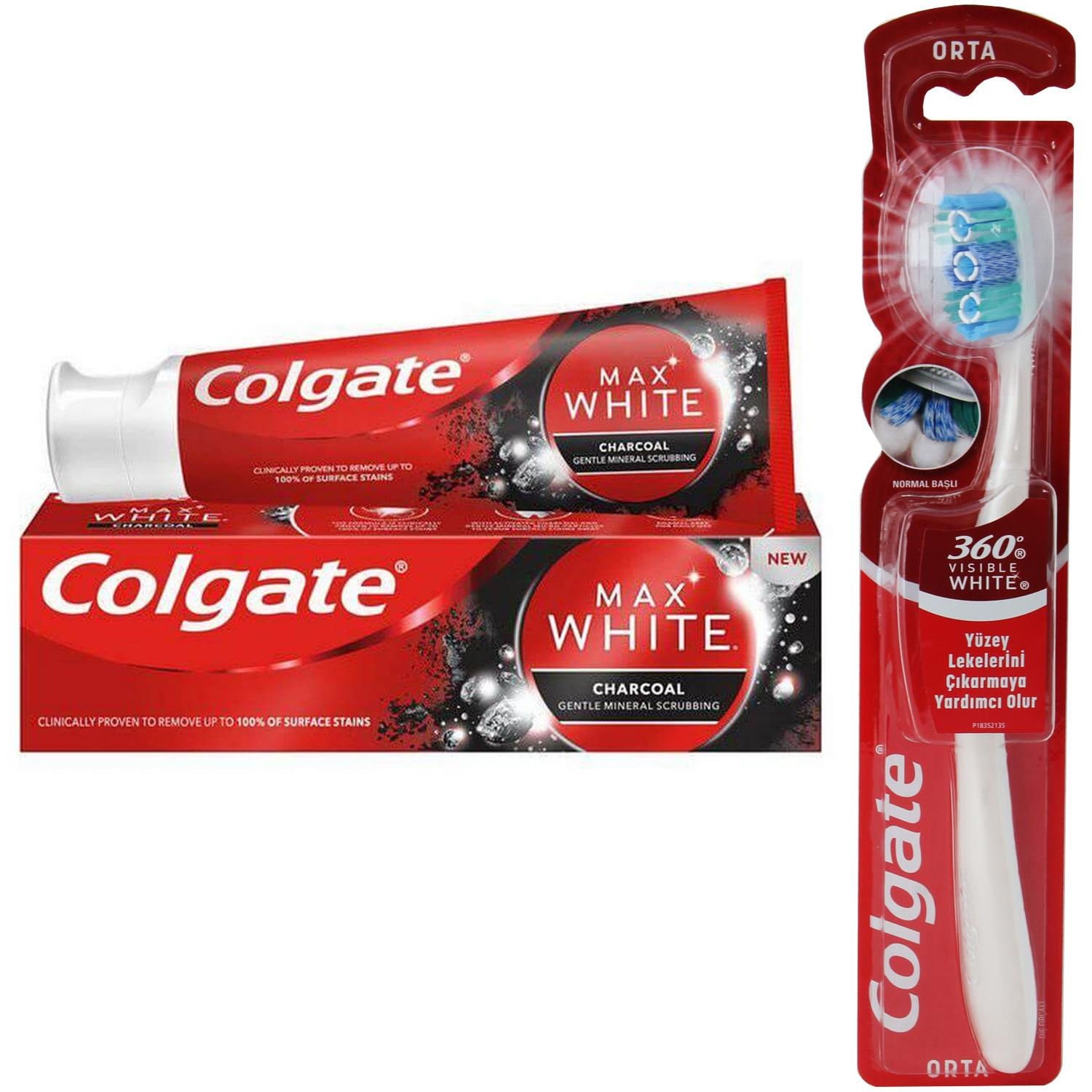 Colgate Optic White Aktif Kömür Diş Macunu 50 ml + Visible White Diş Fırçası Orta